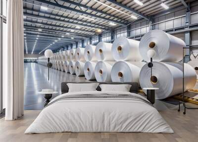 Paper rolls stacked in rows inside a modern paper mill Wall mural