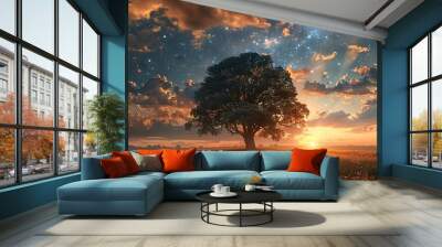 A beautiful landscape image of a large tree in a field of flowers under a starry night sky. Wall mural