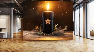 A black candle with a star symbol burns brightly on a wooden surface with a dark background, surrounded by floral decorations. Wall mural