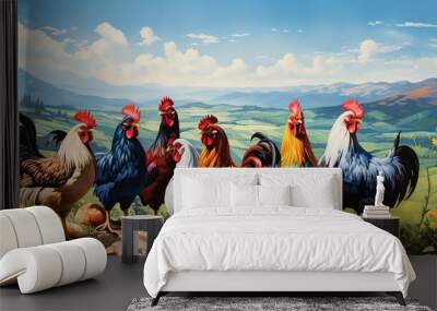 A group of seven roosters of different breeds standing in a grassy field, in front of a hill and mountains in the distance. Wall mural