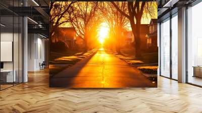 A serene sunset scene illuminating a quiet suburban street lined with trees and homes, creating a warm and tranquil atmosphere. Wall mural