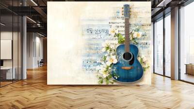 Blue acoustic guitar with floral design on a vintage music sheet background, perfect for artistic and musical-themed projects. Wall mural