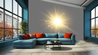 Glow effect. Gold star on a transparent background. Bright sun. Vector illustration. Wall mural