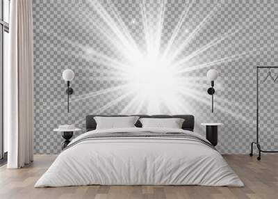 White beautiful light explodes with a transparent explosion. Vector, bright illustration for perfect effect with sparkles. Bright Star. Transparent shine of the gloss gradient, bright flash. Wall mural