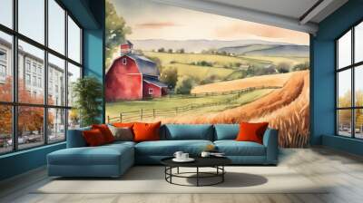 Watercolor painting of a rolling countryside 2 AI Generate Wall mural