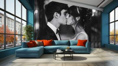 A Tender First Kiss Between Young Lovers Wall mural