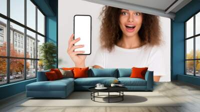 Beautiful  woman holding smartphone mockup of blank screen with the phone in the focus. Wall mural