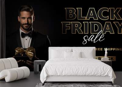 Black Friday banner with handsome man holding a gift box. Promotion, Advertisement, sale. 25% OFF Wall mural