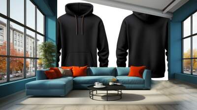 Black front and back view hoodie mockup image isolated on transparent background. No background. Wall mural