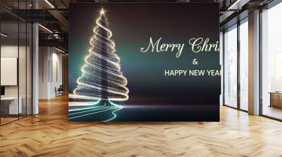 Merry Christmas and Happy New Year banner. Light trail Christmas tree, long exposure, bokeh lights. Modern holiday illustration Wall mural