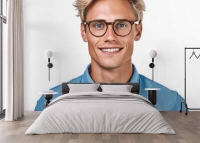 Portrait of a handsome, young blond man wearing eyeglasses and blue shirt. Isolated on transparent background. No background. Wall mural