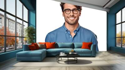 portrait of a handsome, young brunette man wearing eyeglasses and blue shirt. isolated on transparent background. no background. Wall mural