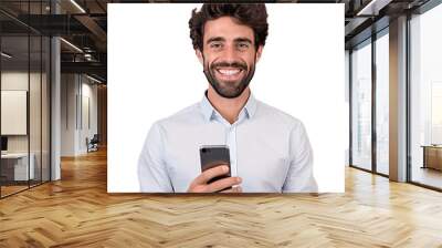 Portrait of a handsome, young brunette man wearing holding a phone. Isolated on transparent background. No background.	
 Wall mural