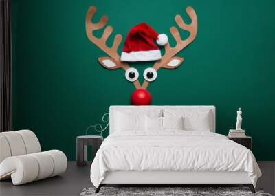 Reindeer Christmas Card with Santa Hat and Red Nose
 Wall mural