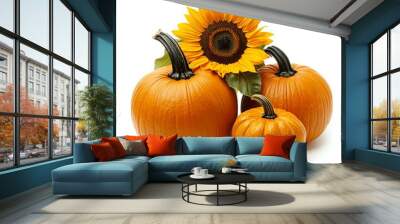 Pumpkins and sunflower, white isolate background Wall mural