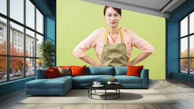 Photo of young Asian female housekeeper on green background Wall mural