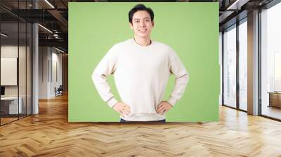 Portrait of young Asian man posing on green background Wall mural