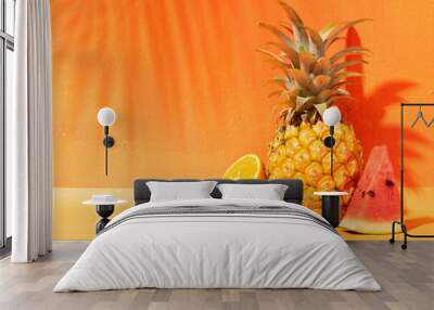 Summer concept with orange, pineapple and watermelon and orange background Wall mural