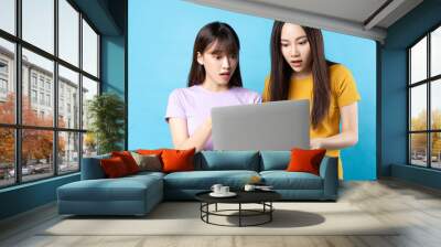 Two beautiful young asian girls using laptop on blue background Wall mural