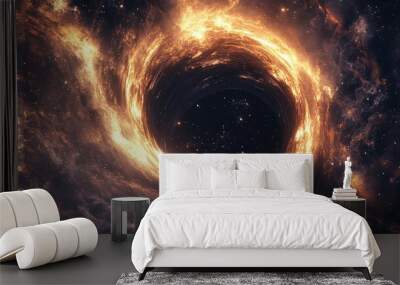 A 3D black hole surrounded by swirling gas and glowing stars, distorting light around it. Wall mural