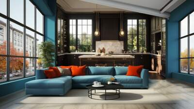 A classic British manor kitchen, with dark wood cabinetry, marble countertops, and brass hardware, complemented by vintage lighting and large windows Wall mural