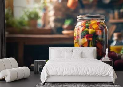 A close-up of a jar of homemade pickles and preserves made from locally sourced vegetables and fruits, with a rustic kitchen background Wall mural