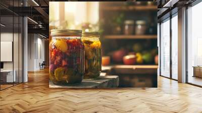 A close-up of a jar of homemade pickles and preserves made from locally sourced vegetables and fruits, with a rustic kitchen background Wall mural