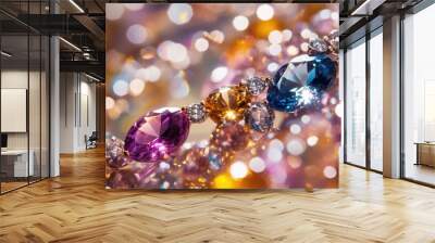 A close-up of a sparkling gemstone necklace draped over a reflective surface, highlighting the glimmer and shine of each gem. Wall mural