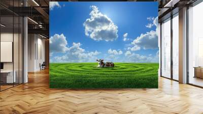 A cow enjoying green grass in a crop circle, under a serene deep blue sky filled with fluffy white clouds Wall mural