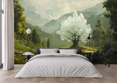 A crystal tree standing out against a backdrop of trees in a verdant valley. Wall mural