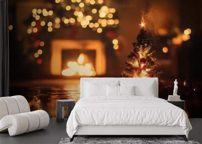 A dark room scene with a Christmas tree in flames, viewed from a worm's-eye angle, while bokeh lights create a dreamy, colorful background around the fire. Wall mural