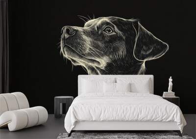 A dog in an abstract risograph style, with minimalist lines on a black background, creating an ink wash painting feel, calm and peaceful design Wall mural