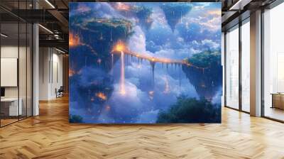 A dreamlike landscape of floating islands connected by glowing bridges, with waterfalls cascading off the edges into the clouds below. Wall mural