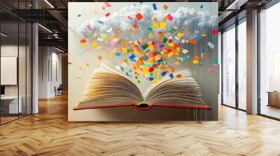 A dreamlike scene of an open book in the gallery releasing rainbow petals as a cloud rains colorful strips. White paper strips add a surreal, airy effect. Wall mural