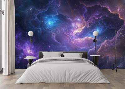 A dreamy metaverse space with intricate violet and blue fractals, filled with twinkling stars and cosmic energy Wall mural