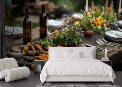 A farm-to-table meal setup with freshly roasted organic vegetables and herbs, served on a wooden table with natural elements Wall mural