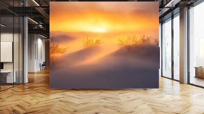 A fog-covered desert plain at sunrise, with the soft light breaking through and illuminating the mist over the sand dunes Wall mural