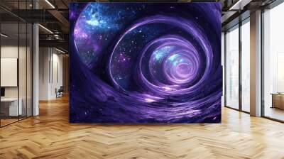 A futuristic metaverse environment with violet and blue fractal swirls, set against a starry cosmic backdrop Wall mural