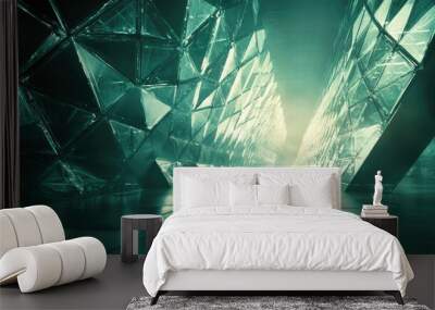 A futuristic scene with glowing glass triangles arranged in a honeycomb pattern, casting light and reflections Wall mural