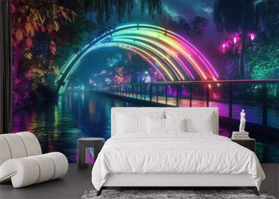 A glass bridge lit with colorful neon lights, arching over a sparkling river with vibrant reflections on the water. Fun and lively Wall mural