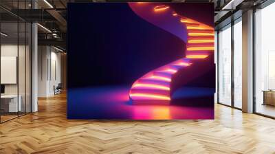 A glowing 3D spiral staircase, each step lit with soft neon light in a dark room. Wall mural