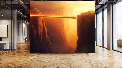 A glowing bridge stretching across a canyon, reflecting the soft light of the setting sun against the cliffs. Wall mural