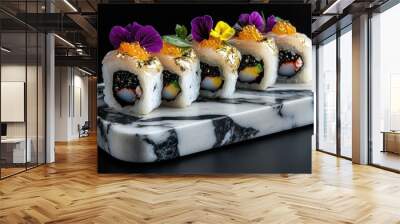 A high-end version of street food sushi rolls with caviar, gold leaf, and edible flowers, displayed on a marble plate Wall mural