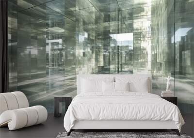 A labyrinth of reflective glass planes creating infinite reflections in a soft light. Wall mural