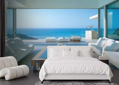 A modern beach house living room, the glass box featuring an ocean view set atop a wide wooden coffee table, its serene blues contrasting with the sleek, white furnishings Wall mural