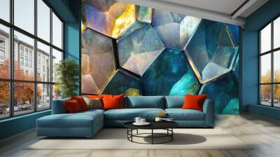 A pattern of overlapping glass hexagons with internal glows, creating a radiant, geometric abstract composition Wall mural