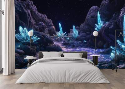 A peaceful crater on an alien moon, where the ground is made of glowing crystals, and strange, luminous plants grow from the rocky soil. Wall mural