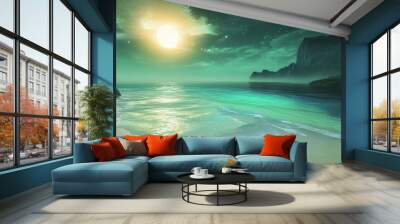 A serene, alien beach with crystal-clear, iridescent water gently lapping against soft, glowing sand under a green sky. Wall mural