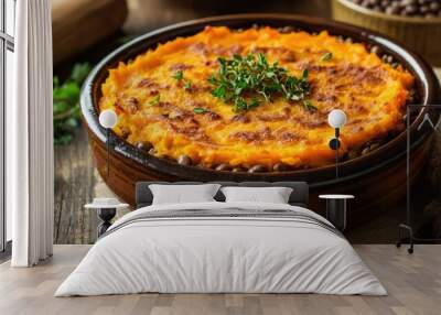 A serving of hearty lentil shepherd pie, with a layer of mashed sweet potatoes on top, baked in a rustic ceramic dish Wall mural