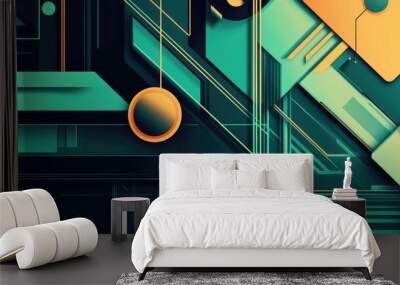 A sleek, layered geometric design with green, cyan, and turquoise shapes and lines, creating a modern, futuristic pattern. Wall mural